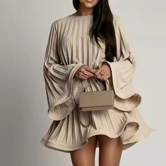 Dresses & Skirts - Elegant Pleated Dress Women Fashion Solid Round Neck Flared Sleeve Lace-up Pleat